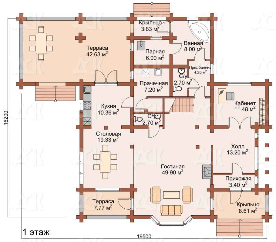 план первого этажа двухэтажного дома-бани из бревна